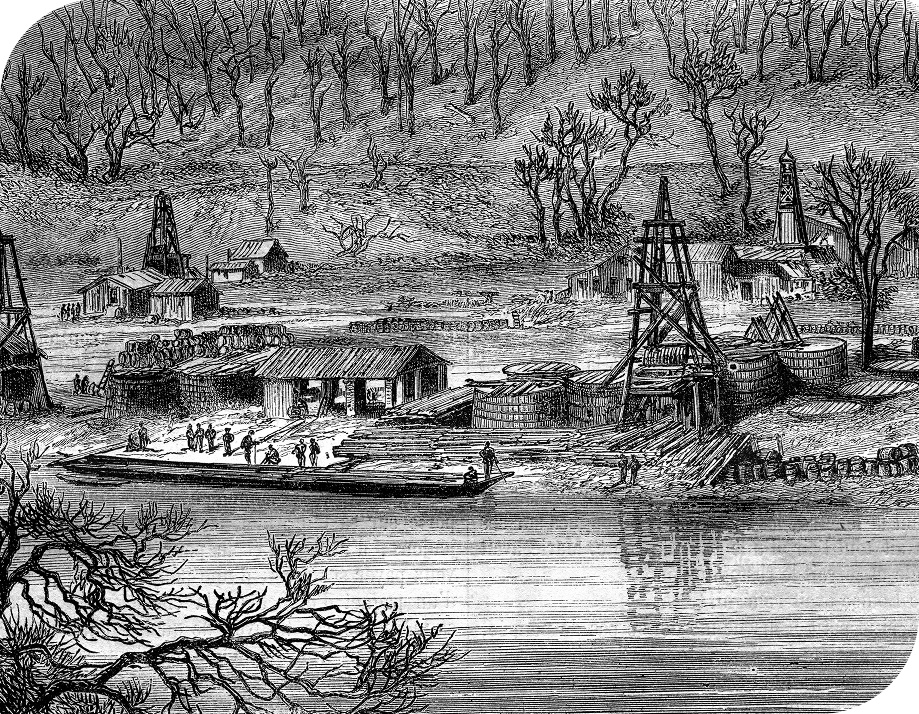 Historical illustration of early oil sands extraction activities.